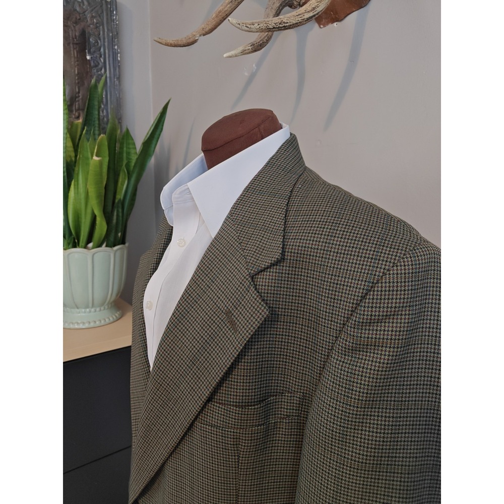 J Riggins Wool Sport Coat 44R Green Houndstooth Blazer USA 2 Button Mens